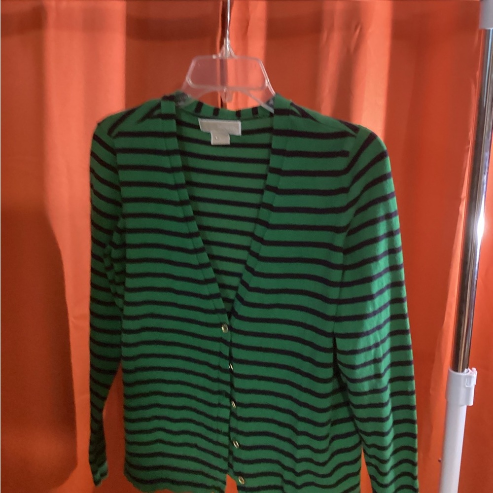Michael Kors Green and Navy Blue Striped Cardigan Sweater